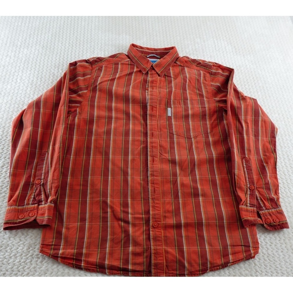Columbia Shirt Mens Button Up Long Sleeve Orange Plaid Pocket Logo Large